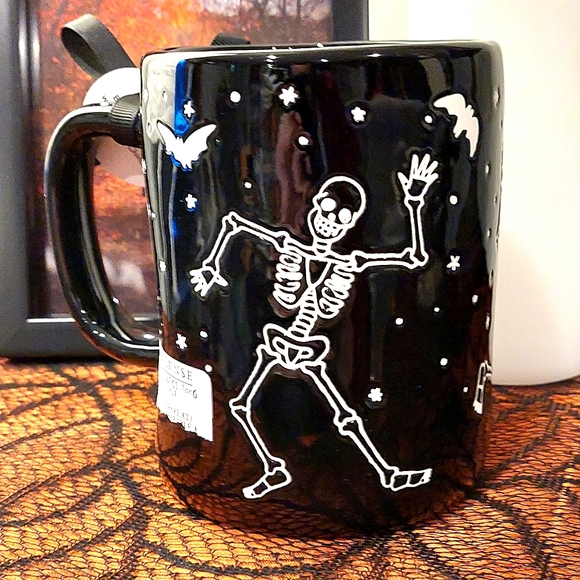 Rae Dunn Spooktacular "Bone To Be Wild" Dancing Skeletons Glossy Finish Mug NWT - Picture 4 of 8